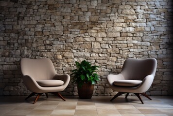 Two chairs lean against a pebble wall. Interior Design of Modern Living Room.