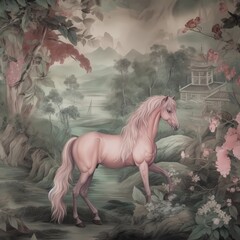 Obraz na płótnie Canvas Chinoiseries wallpaper with beautiful fantasy animal in fairy tale dreamland super detailed painting style