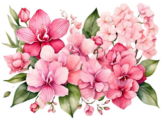 watercolor, vivid pink orchid, green leaves, white carnations, pink roses, floral set, botanical illustration, painting, vibrant colors, artistic design, nature, blooming flowers, exotic flora, tropic