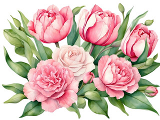 Watercolor pink Tulips with green leaves, white carnations, pink roses. A bunch of beautiful flower petal. Floral for decoration for valentine or wedding. 