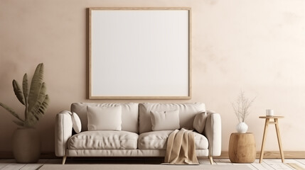 Poster frame mockup in beige and brown living room interior, wabi sabi minimalism style