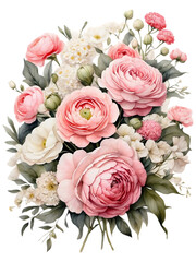 Watercolor of a bouquet of pastel pink Ranunculus, Hydrangea, carnations and daisies flowers. A bunch of beautiful flower petal. Floral for decoration for valentine or wedding. 