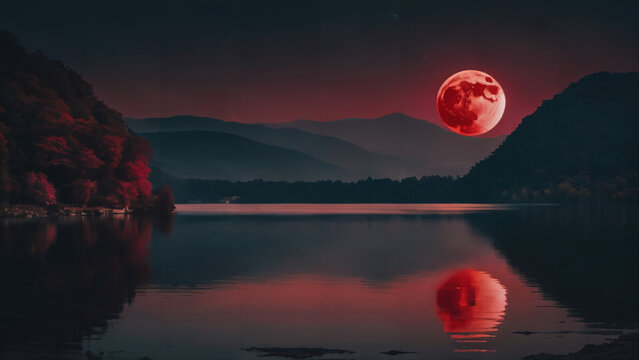 sunset over lake , blood moon , landscape photography