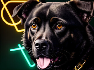 Dark steampunk dog with neon palette closeup.