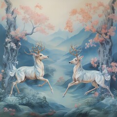 Chinese lucky animal Chinoiseries wallpaper in fantasy dreamland super detailed painting style - obrazy, fototapety, plakaty