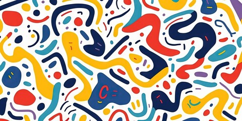 Obraz premium Fun and cute abstract minimalist doodle with lines and geometric shapes. Trendy colorful simple background, wallpaper design for kids. Generative AI, AI