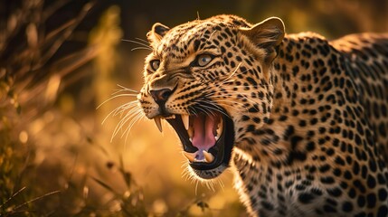 a large leopard growling with its mouth open in a forest