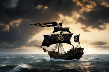 AI illustration of pirate ship with large flag and skull crossbones is seen in storm waters