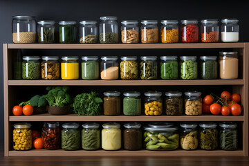 Jars with different kinds of vegetables and spices on a wooden shelf. ia generated