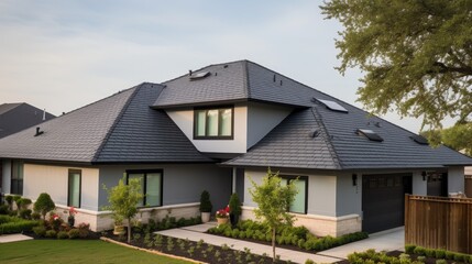 Fototapeta na wymiar Roofing reinvented! A new, repaired roof with flat polymer tiles. Invest in stocks that embody modern durability and sleek architecture.