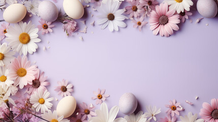 Naklejka na ściany i meble creative easter layout. horizontal pattern made with spring flowers and eggs on a pastel background. copy space. top view. flat lay