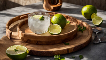 Glass with gin tonic, lime, ice