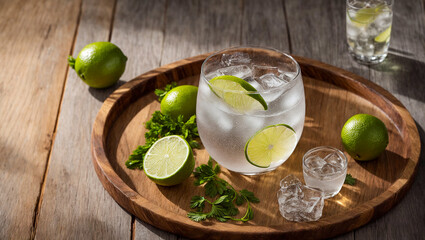 Glass with gin tonic, lime, ice