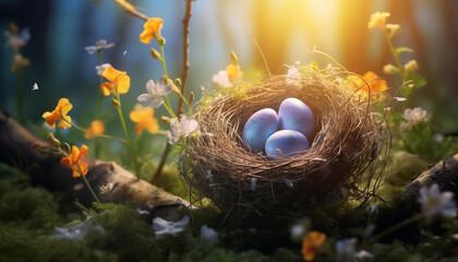 Obraz na płótnie Canvas bunte Eier zu Ostern in einem Nest in einem Wald im Frühling