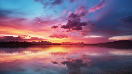 sunset over a serene lake, with colorful reflections shimmering on the water