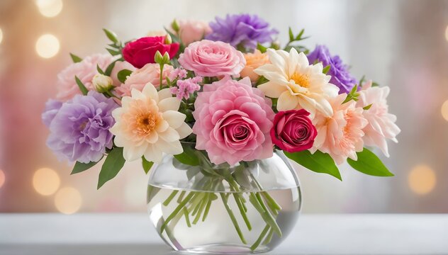 A photograph of a vibrant bouquet of flowers in a glass vase, showcasing their delicate petals, rich colors, and variety of shapes against a soft, dreamy backdrop of pastel hues.