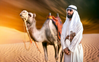 Bedouin in traditional clothing with camel in sandy desert, AI generated