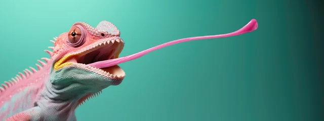 Tafelkleed Advertising banner with funny pink chameleon with tongue sticking out in time to hunt on blue background with copy space. © Владимир Солдатов