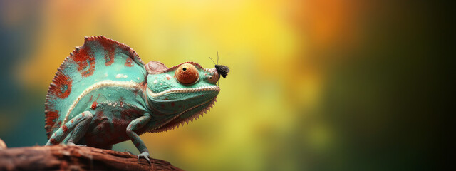 Banner with cute blue chameleon with a sitting fly on his nose on nature background with copy space.