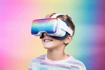 Portrait of an astonished European boy wearing virtual reality goggles against a rainbow background.