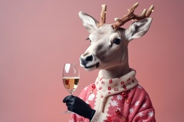 Funny Christmas reindeer with champagne glass in hand on pink background with copy space.