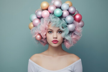 Creative Christmas portrait of a cute girl with colorful hair and with Christmas balls on her head. - obrazy, fototapety, plakaty