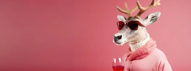Keuken spatwand met foto Advertising banner with a Christmas reindeer wearing red sunglasses with a glass of red wine on a pink scopia space background. © Владимир Солдатов