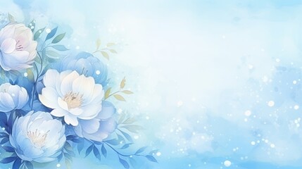 Watercolor peony flowers on a light blue background, free space. AI generated.