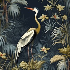 Chinoiseries style wallpaper with flower and bird in dark color theme