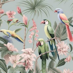 Chinoiseries style wallpaper with flower and bird in pastel sweet color theme