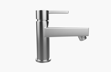 Faucet model isolated on light background, single faucet, stainless steel texture, home industry accessories, 3d rendering.