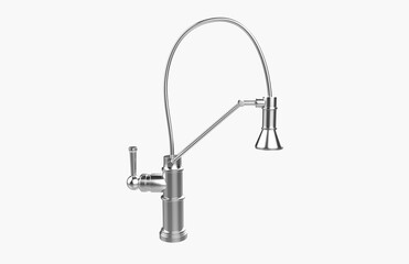 Faucet model isolated on light background, single faucet, stainless steel texture, home industry accessories, 3d rendering.