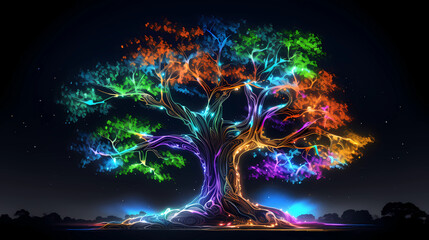Oak  Nature Tree Plexus Neon Black Background Digital Desktop Wallpaper HD 4k Network Light Glowing Laser Motion Bright Abstract	 - obrazy, fototapety, plakaty