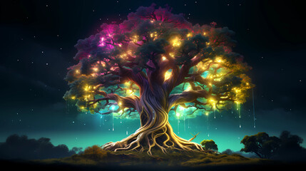 Oak  Nature Tree Plexus Neon Black Background Digital Desktop Wallpaper HD 4k Network Light Glowing Laser Motion Bright Abstract	