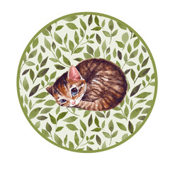 Sleepy cat. Cute watercolor illustration with kitten. Circle floral background with green leaves.