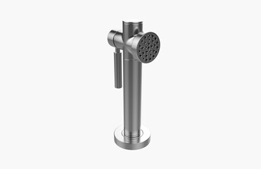 Faucet model isolated on light background, single faucet, stainless steel texture, home industry accessories, 3d rendering.