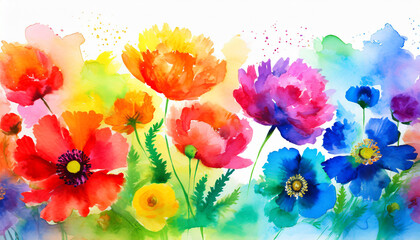 multicolored watercolor gradient rainbow flowers on a white background peonies poppies summer painting