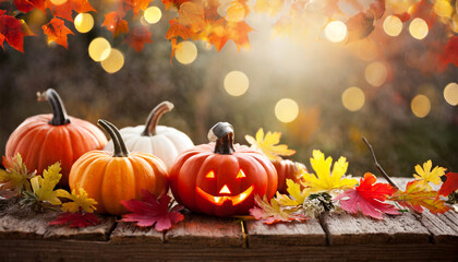 Naklejka na ściany i meble festive cheerful halloween pumpkins in autumn setting with space for text or copy
