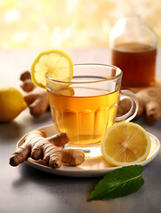 Hot tea drink in a glass cup with lemon and ginger root, on table with blurry lights background