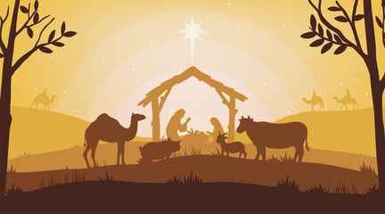Illustration of Christmas Nativity scene with the three wise men going to meet baby Jesus in the manger. vector background - obrazy, fototapety, plakaty