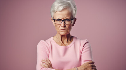 Senior beautiful woman wearing casual t-shirt standing over isolated pink background angry and mad raising fist frustrated and furious while shouting with anger. Rage and aggressive concept. - obrazy, fototapety, plakaty