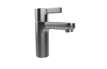 Faucet model isolated on light background, single faucet, stainless steel texture, home industry accessories, 3d rendering.