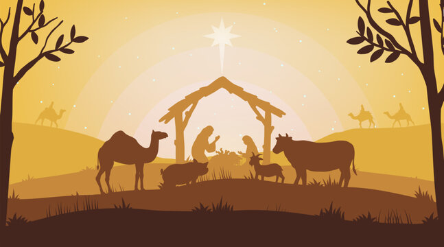 Illustration of Christmas Nativity scene with the three wise men going to meet baby Jesus in the manger. vector background