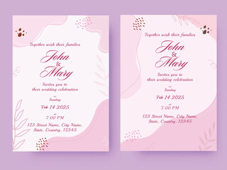 Wedding Invitation Card Template Layout In Pink Color.