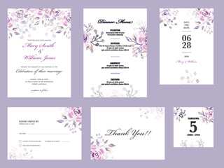 Rose Flower Printed Wedding Invitation Card, Dinner Menu, Save The date, Kindly Reply or RSVP, Table No and Thank You.