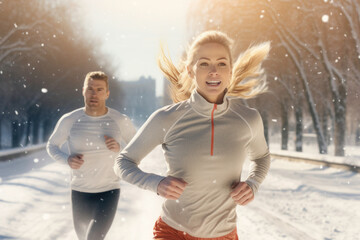 Couple running outdoor during workout on winter day. Man and woman jogging in park. Active people. People while cardio training. Physical fitness. Cardio workout. Healthy lifestyle - obrazy, fototapety, plakaty