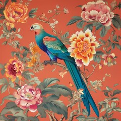 Chinoiseries style wallpaper with peony flower and parrot bird in colorful theme