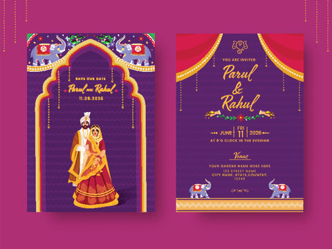 India Kitsch Style Wedding Invitation Card With Event Details In Front And Back View.