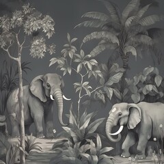 Chinoiseries style wallpaper with tropical forest and elephant