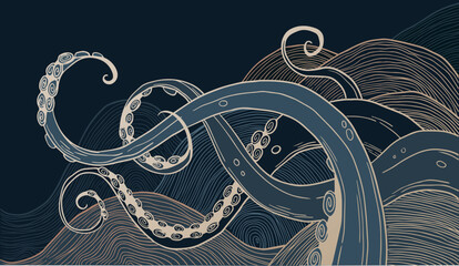 illustration with tentacles, graphic style. gold and blue colours	